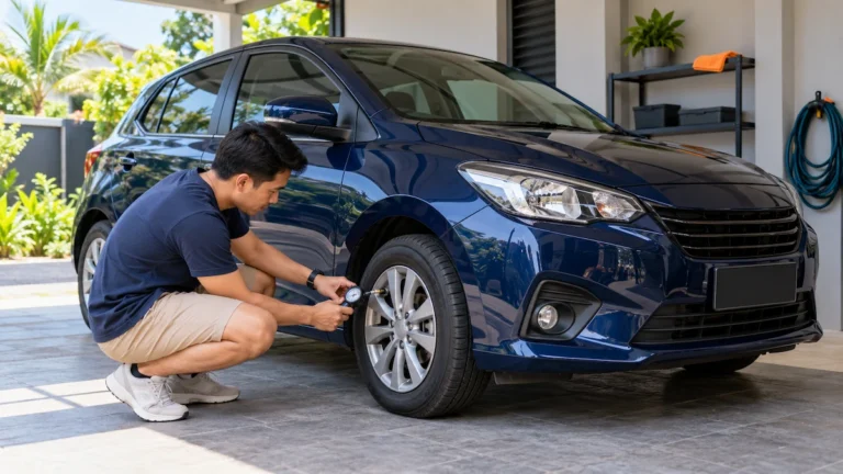 Ilustrasi pemeriksaan tekanan ban dalam perawatan mobil untuk pemula